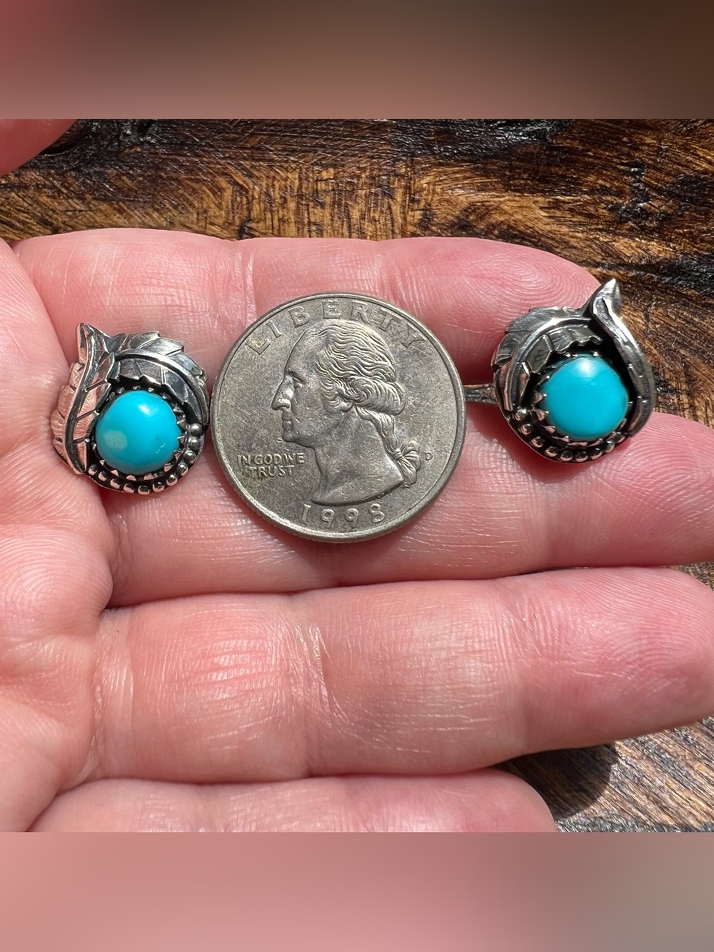 Kingman Turquoise Sterling Silver Leaf Stud Earrings Post Back 925 - Picture 5 of 7